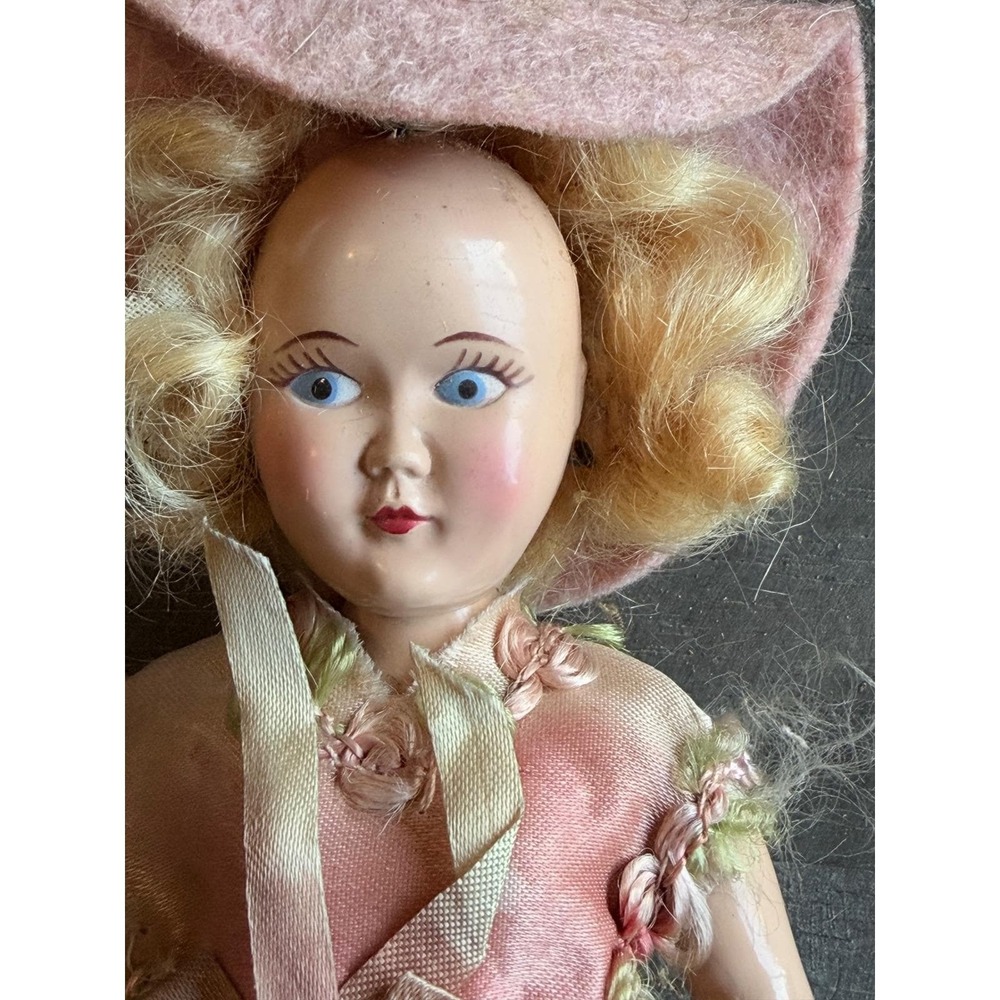 Vintage Composition Doll Pink Satin Green Lace Dress Felt Bonnet 7.5 Inch